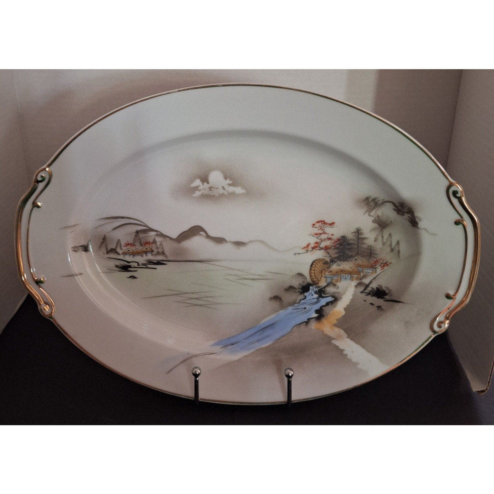 Kutani Japan Porcelain Hand Painted Gold Trimmed 14" Oval Serving Platter